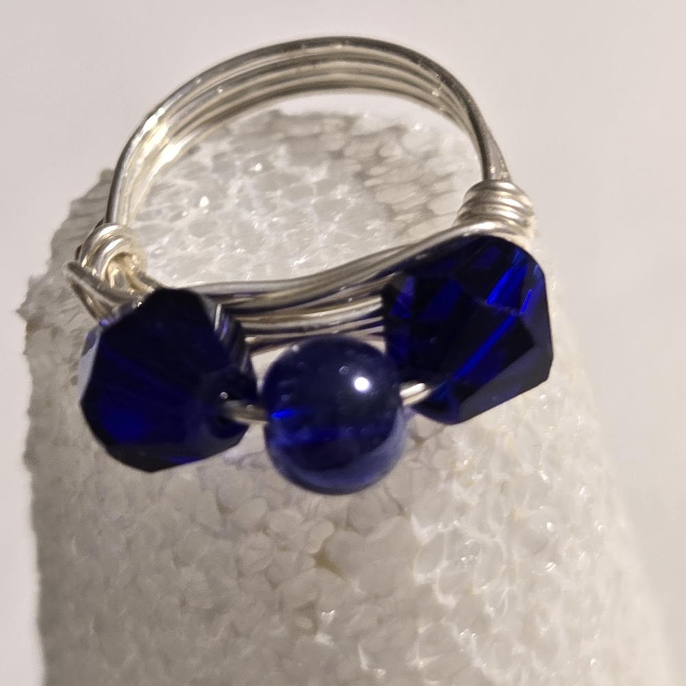 Hand Crafted Elegant Silver and Blue Beaded Ring